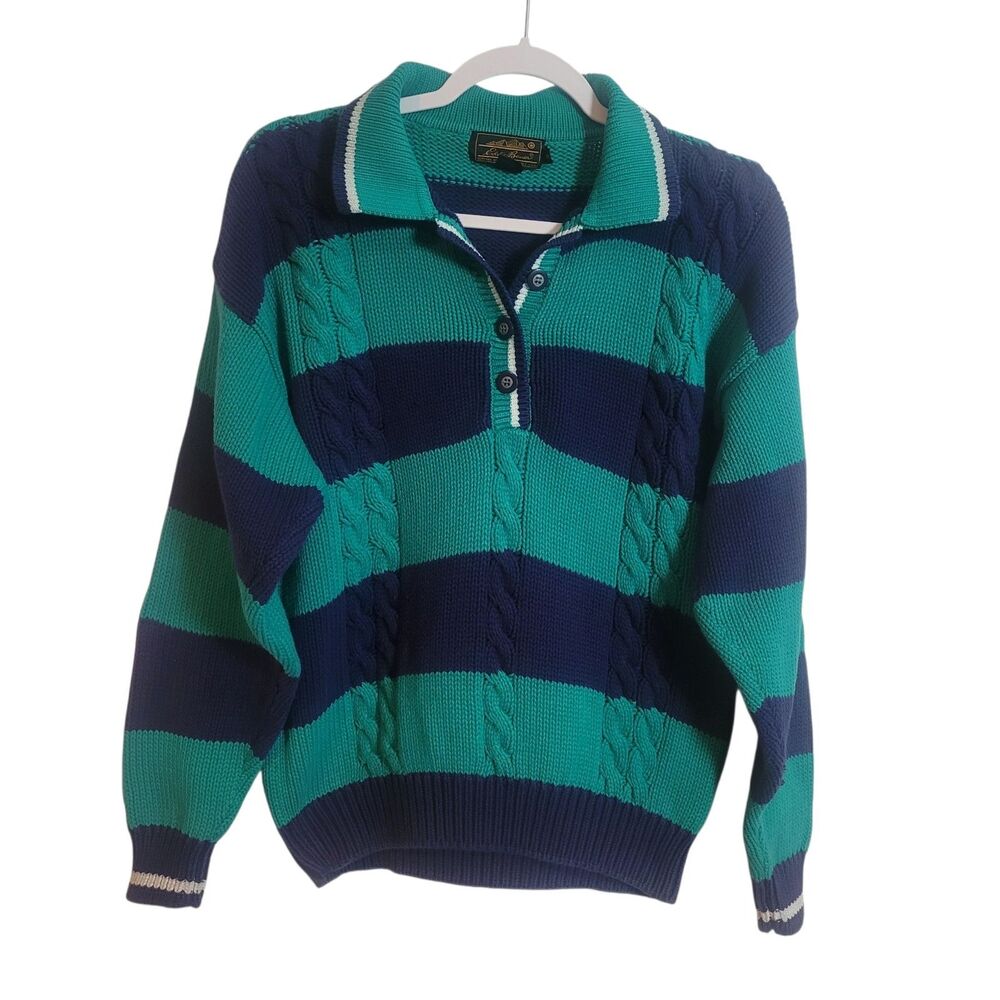 Eddie Bauer Vintage Rugby Stripe Cable Knit Sweater‎ Green Blue Women's Medium M